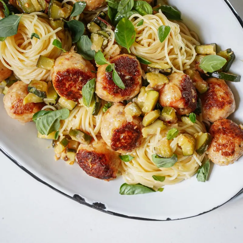 Jammy Zucchini Pasta with Shrimp Balls