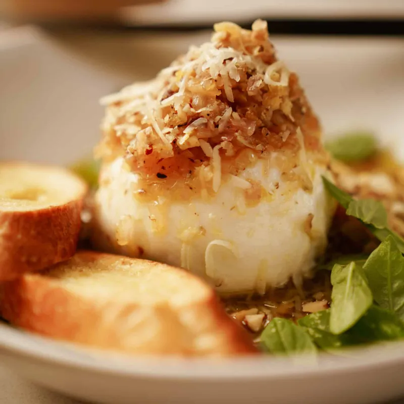 Hot Lemon + Garlic Oil Burrata Cheese (with crispy baguette)