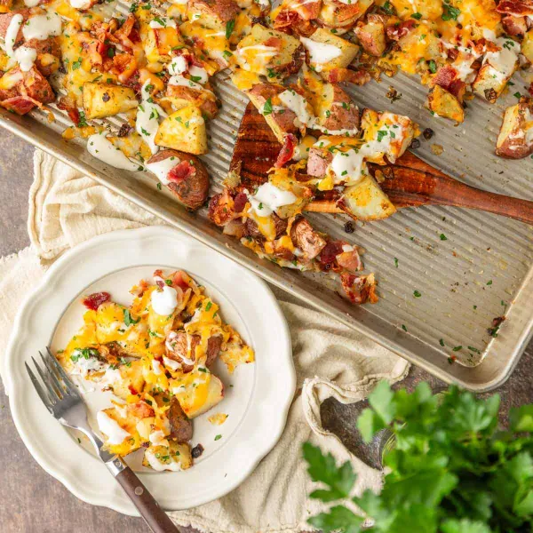 Baked Cheesy Ranch Potatoes with Bacon and Onions