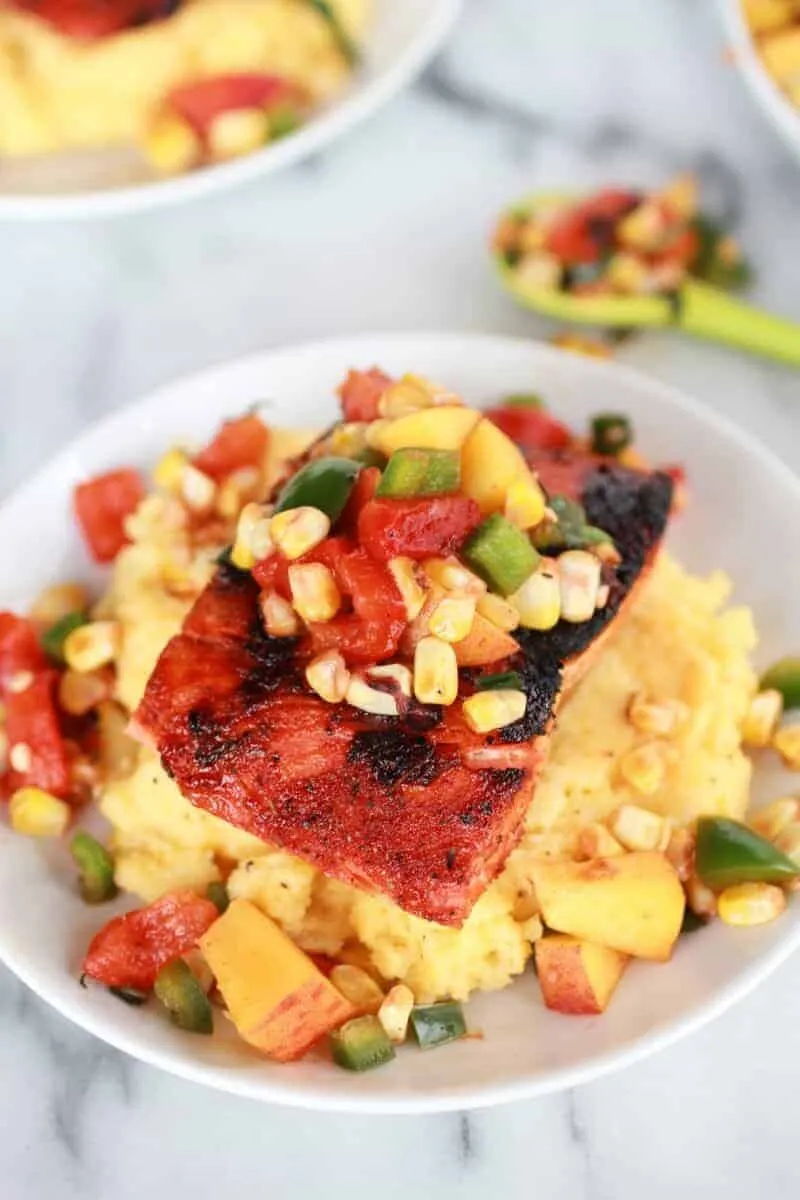 Blackened Salmon with Cheesy Polenta and Spicy Peach + Chard Corn Salsa