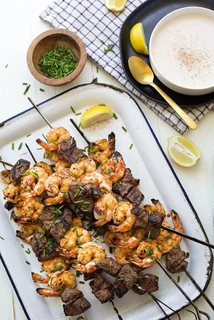 Surf and Turf Skewers with Cajun Horseradish Sauce