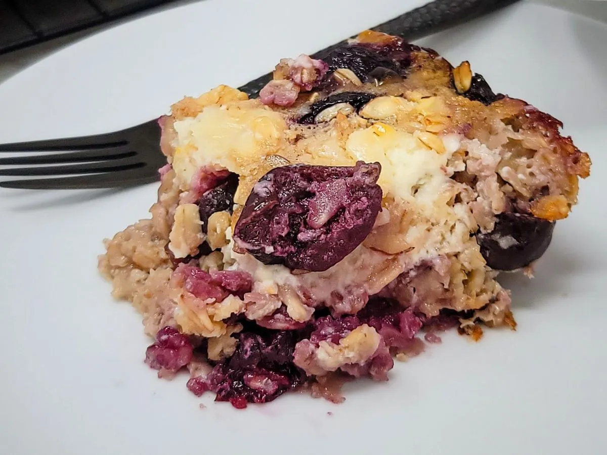 Cherry Baked Oatmeal with a Cheesecake Swirl (Includes Dairy-Free Option)