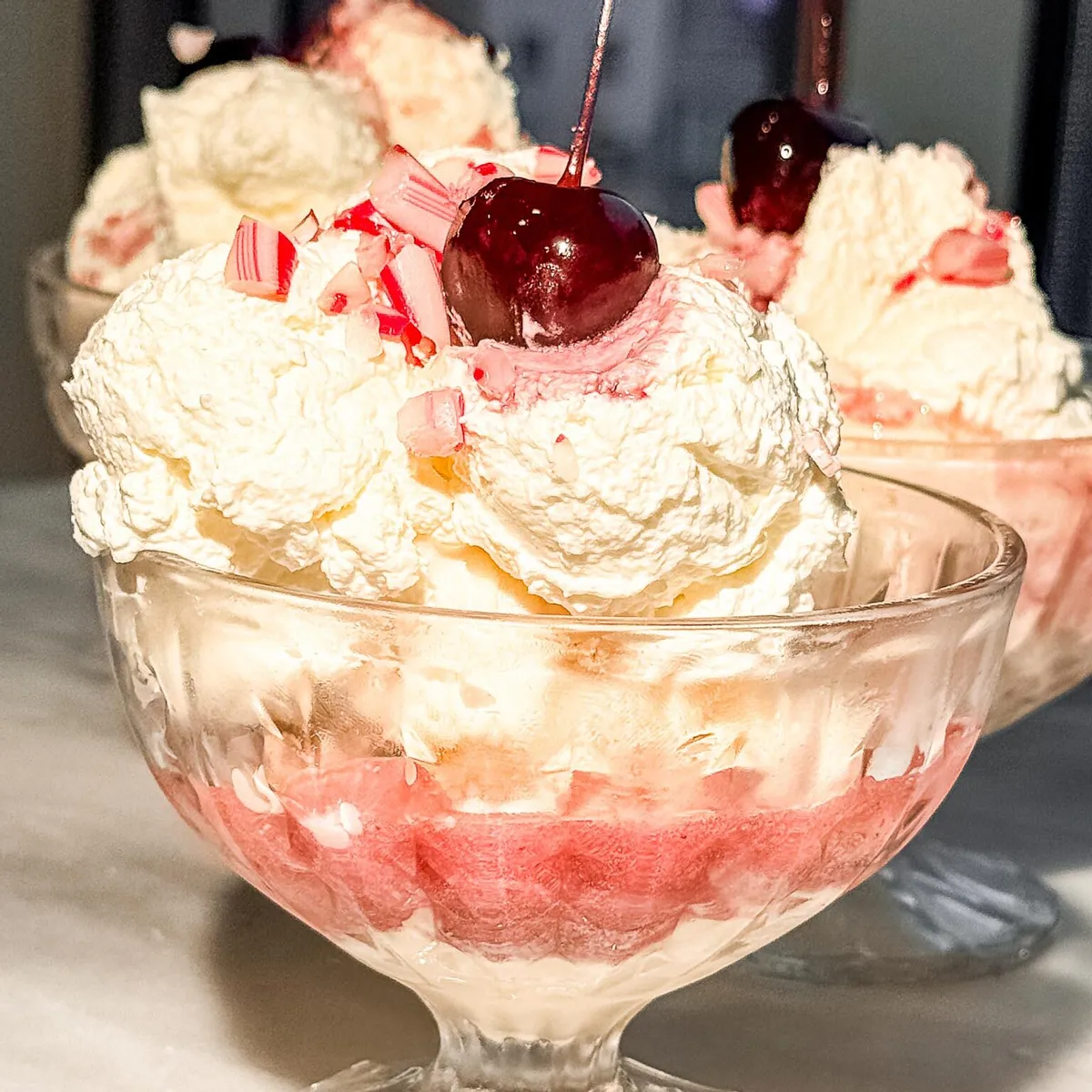 Candy Cane Ice Cream Sundae with Homemade Cranberry Sauce