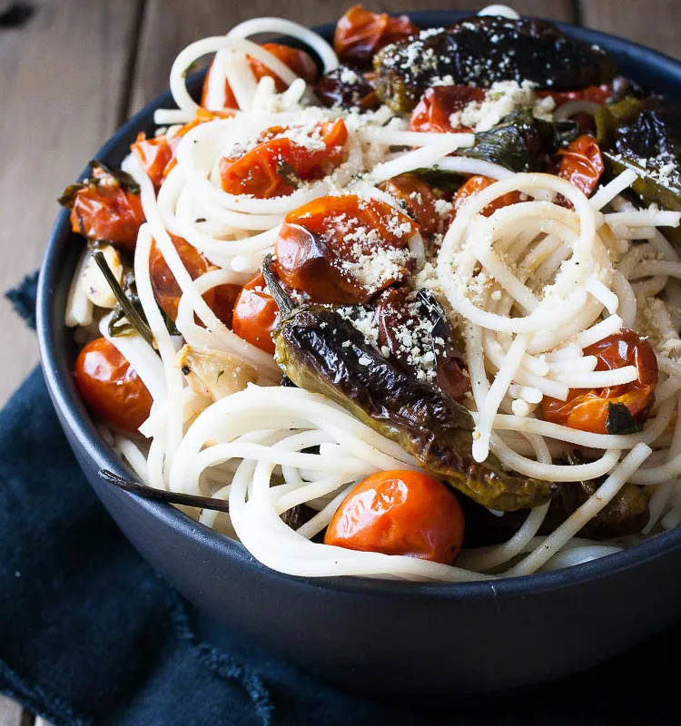Spaghetti with Charred Tomatoes and Shishito Peppers