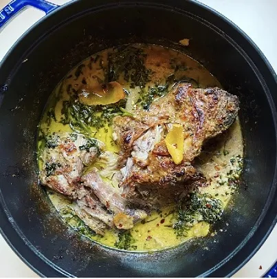 Cream Braised Pork with Broccolini and Mustard