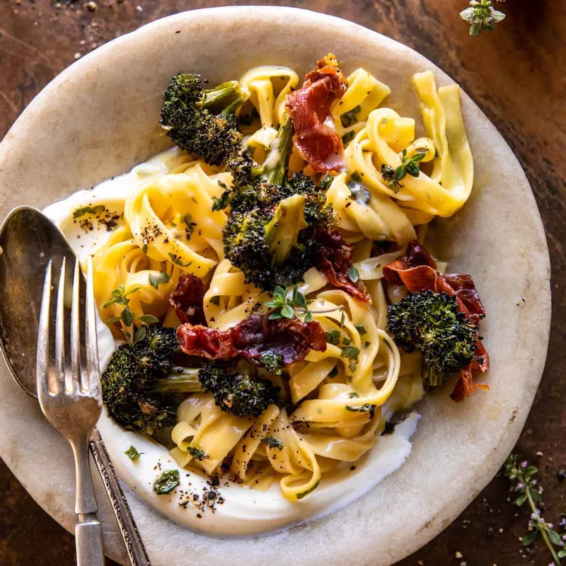 Roasted Broccoli Pasta Carbonara with Crispy Prosciutto and Whipped Ricotta