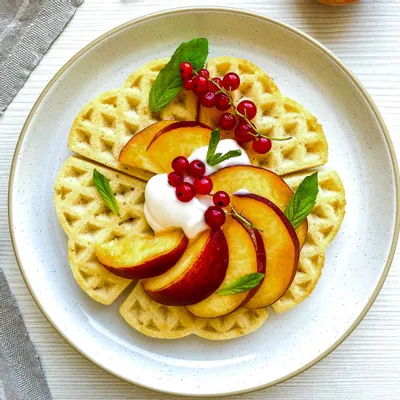 Recipe 'Fresh Peach Buttermilk Waffles with Honey Yogurt'