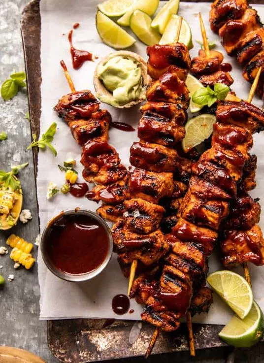 BBQ Beer Chicken Skewers with Avocado Corn and Feta Salsa