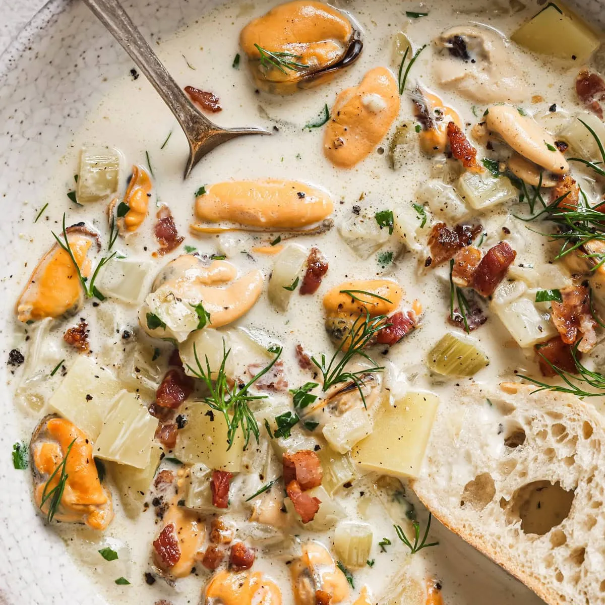 Creamy Mussel Chowder with Crispy Guanciale