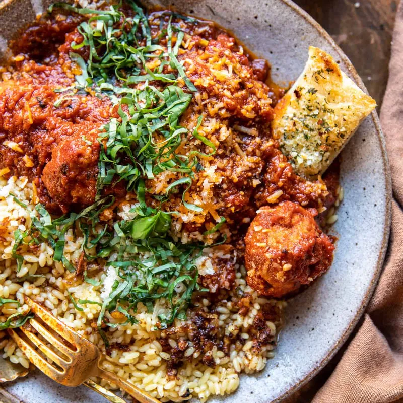 Saucy Braised Garlic Butter Meatballs with Orzo