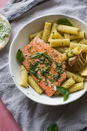 Simple Pan Seared Salmon with Basil Butter Pasta