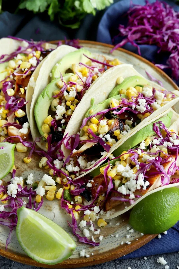 Charred Cilantro Lime Corn Chicken Avocado Tacos