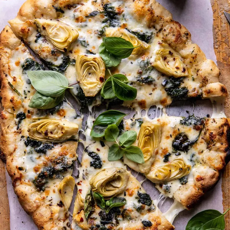 Spinach and Artichoke Pizza with Cheesy Bread Crust