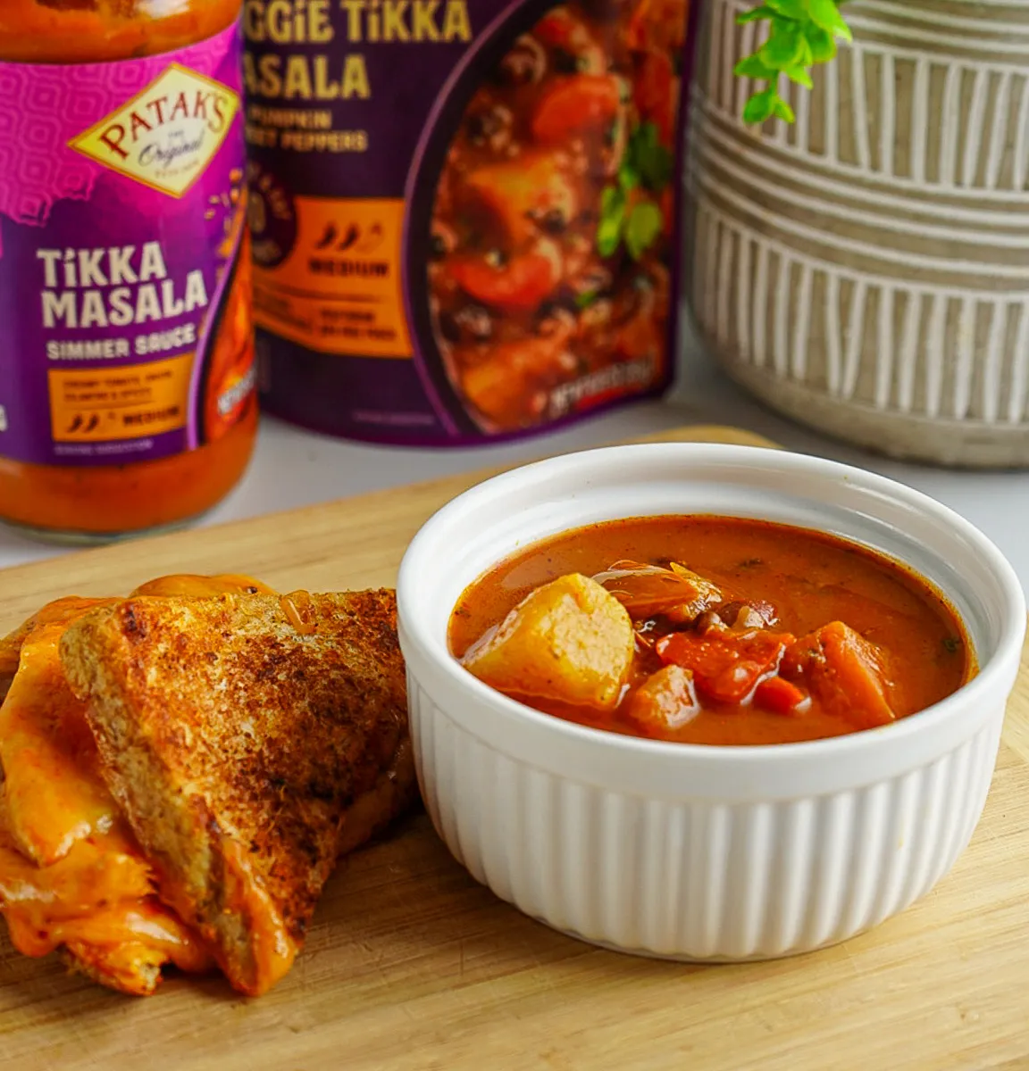Tikka Masala Grilled Cheese with Lentil & Veggie Soup