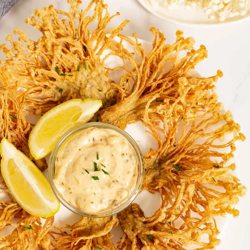 Fried Enoki Mushrooms with Chili Aioli