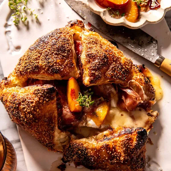 Prosciutto Wrapped Peach Baked Brie in Pastry