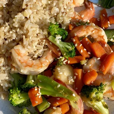 Recipe 'Healthy Brown Rice & Veg Shrimp Stir Fry'
