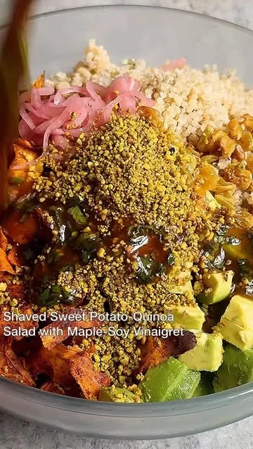 SHAVED SWEET POTATO-QUINOA SALAD WITH MAPLE-SOY VINAIGRETTE!