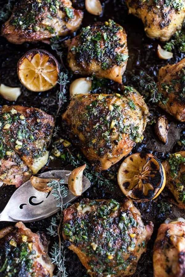Garlic Butter Roasted Chicken Thighs with Charred Lemon Salsa Verde + Asparagus.