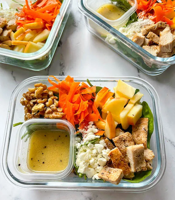 Crunchy Chicken, Spinach, Apple & Carrot Salads & Homemade Dressing