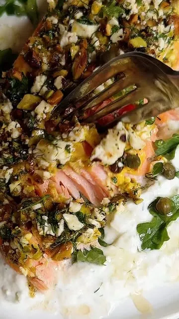 SLOW ROASTED FETA-DILL-PISTACHIO CRUSTED SALMON WITH CREAMY TZATZIKI