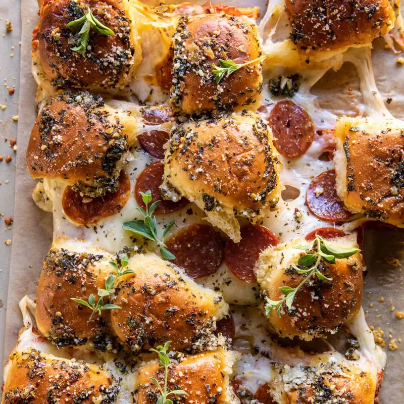 Pull Apart Roasted Garlic Butter Pizza Dip Sliders