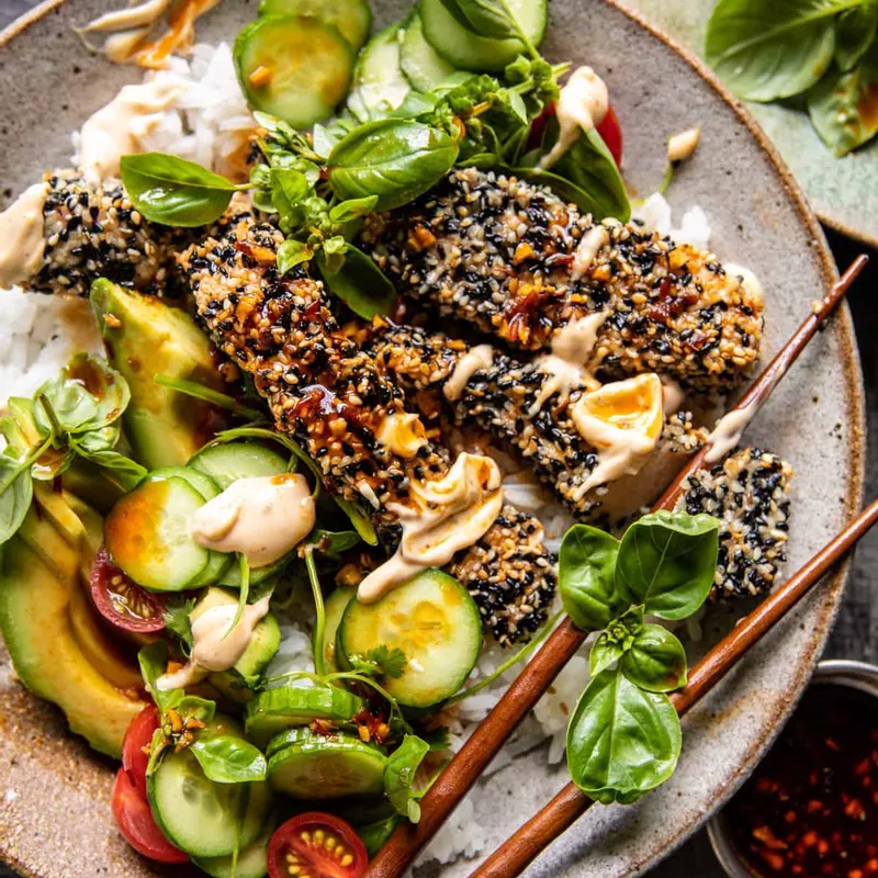 Spicy Ginger Sesame Crusted Salmon Bowl