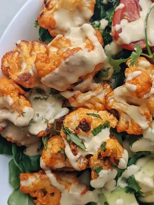 Buffalo Cauliflower with Cheesy Tahini Sauce