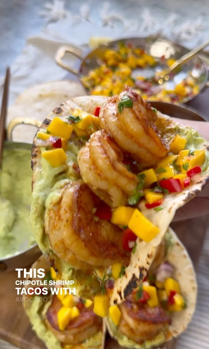 Chipotle Shrimp Tacos with Avocado Crema and Mango Salsa