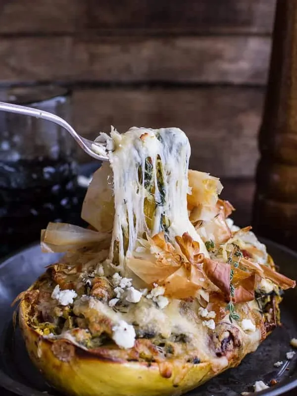 Healthy Spanakopita Stuffed Roasted Garlic Spaghetti Squash + Havarti Bowls