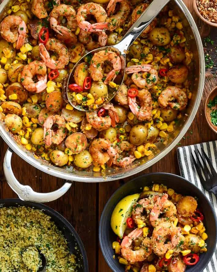 Spicy Calabrian Shrimp with Corn, Potatoes &amp; Pangrattato