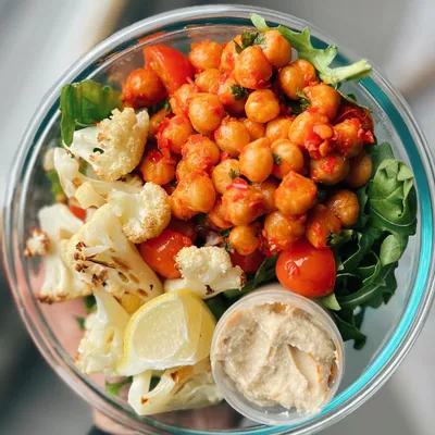 Recipe 'Harissa Spiced Chickpeas, Arugula, & Roasted Cauliflower Salad paired with hummus'