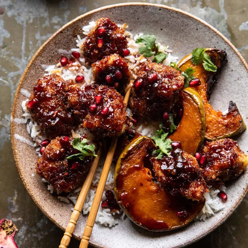 Sheet Pan Sticky Pomegranate Chicken and Honey Roasted Squash.