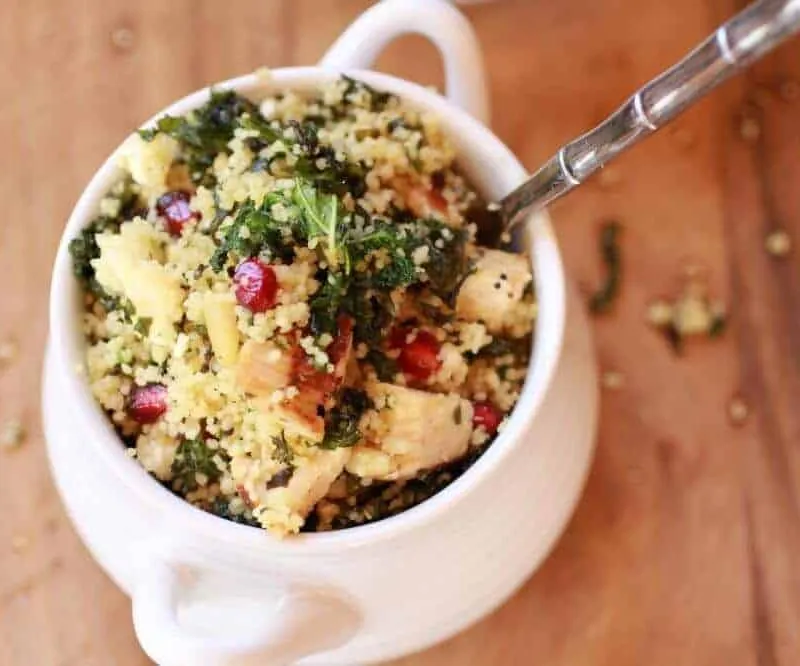Crunchy Kale Salad with Coucous, Grilled Chicken and Pomegranates